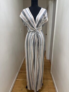 Lulu's Striped Twist-Front Maxi Dress in Gray and Cream